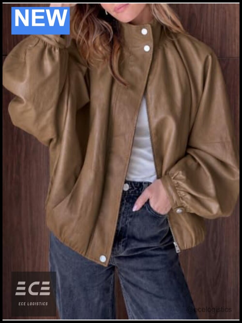 Faux Leather Bomber Jacket Long Sleeve Zip Fall Coat Puff Sleeve - Picture 2 of 6